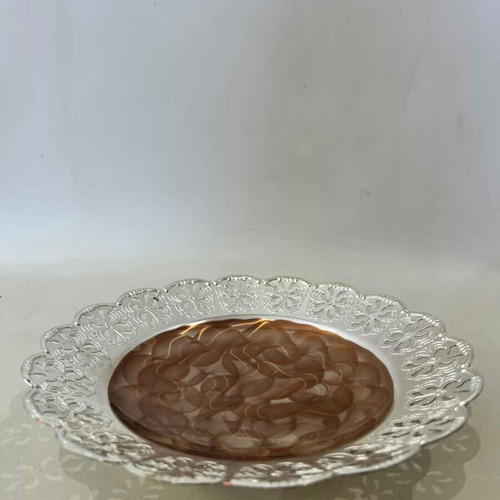 Vintage fondant dish used with scalloped edge and decorative motifs 3x20.5