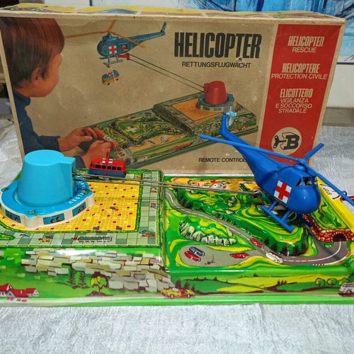 Biller helicopter air rescue vintage toy used with lithographed box from 1960