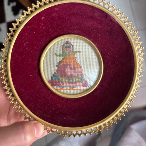 Needlepoint portraits set vintage, brass ornate frames, rococo style