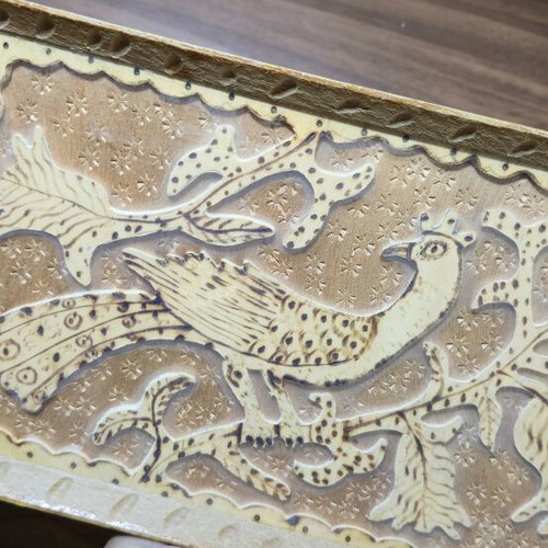 Wooden vintage folk art tray with embossed peacock and pyrography, like new