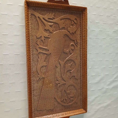 Woodcarved tray with peacock design like new