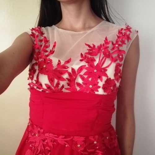 Elegant long red evening dress with floral embroidery and beads, size M