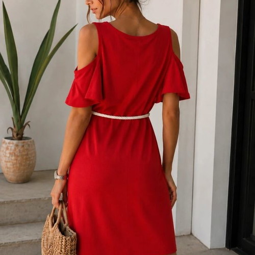 Red summer dress with rope belt, size M