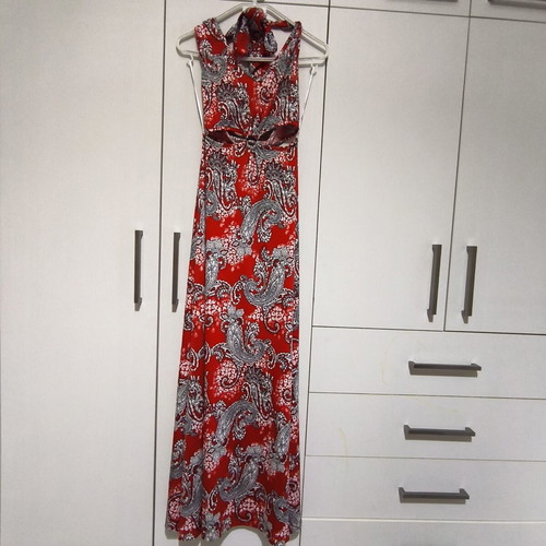 Floral summer dress like new, red, halter neck with waist cutouts
