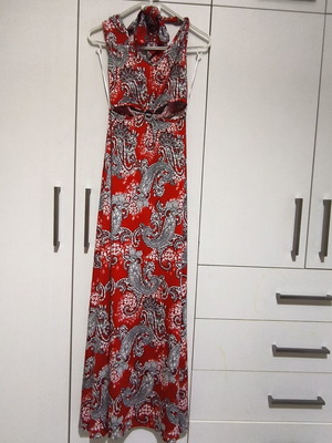 Floral summer dress like new, red, halter neck with waist cutouts