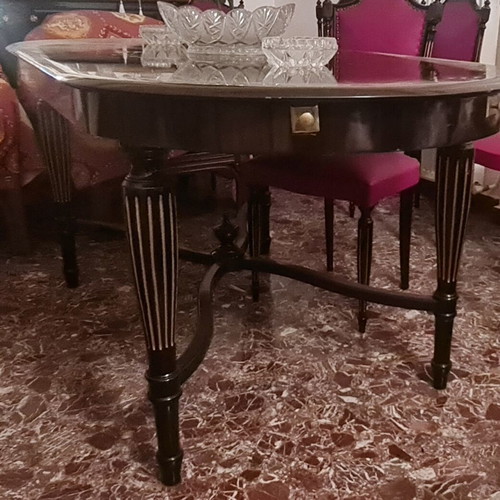 Antique dining set black lacquer like new with 6 leather chairs and sideboard