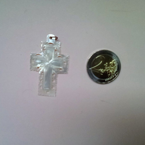 Handmade cross pendant from mother of pearl with Jerusalem inscription, new