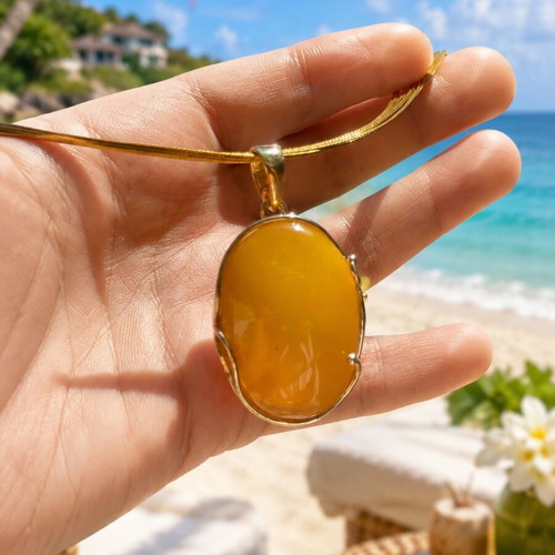 Large Landscape Baltic Amber Pendant, 24K Gold Plated 925 Silver, Handmade