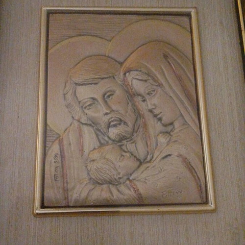 Italian bas-relief Holy Family silver artwork in wooden frame like new