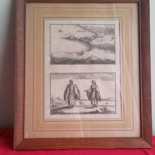 Engraving with Two Themes Femmes d'Amorgos and Old Port of Andros framed