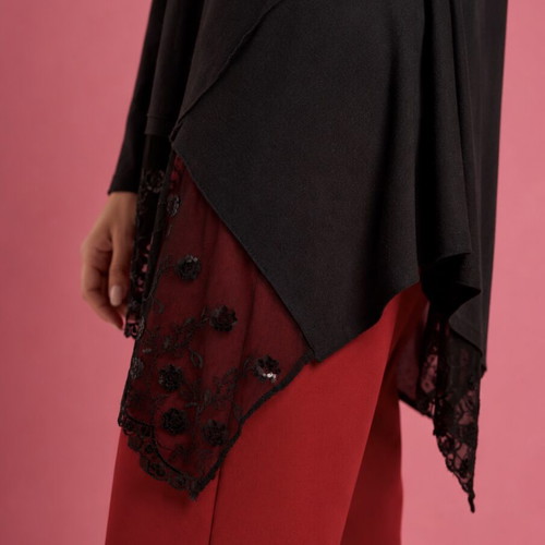 Spiga black wool blouse with lace detail, like new, size L-XL
