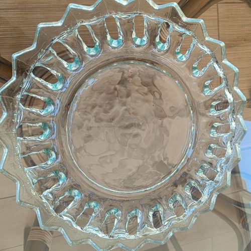 Vintage pressed glass serving platter with sunray design
