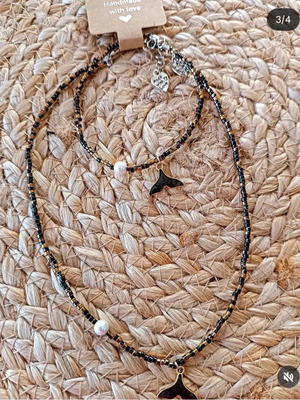 Necklace and bracelet set with glass beads, new, black and gold
