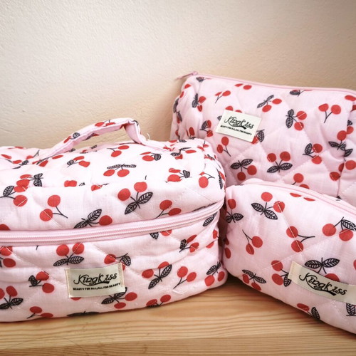 Makeup bags set of 3 quilted pink cherry print, new