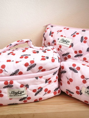 Makeup bags set of 3 quilted pink cherry print, new