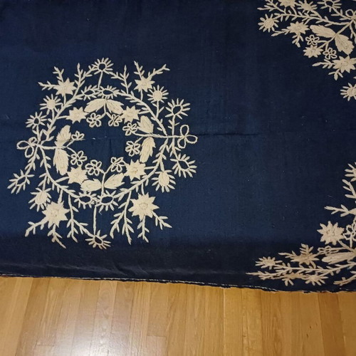 Felt tablecloth used, handmade, dark blue with ecru embroidery