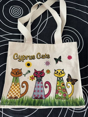 Small fabric shopper tote bag Cyprus Cats new, beige