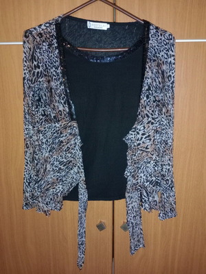 2-in-1 blouse with animal print cardigan and black top like new