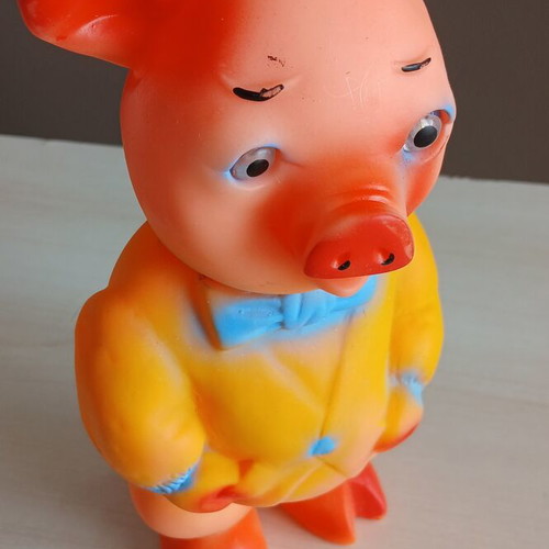 Vintage squeaky doll piglet with jacket and bow tie, like new