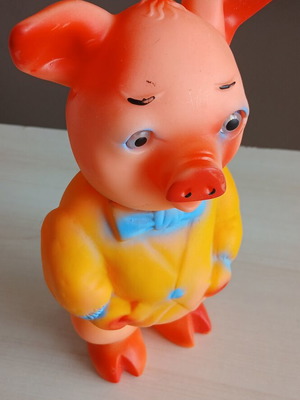 Vintage squeaky doll piglet with jacket and bow tie, like new