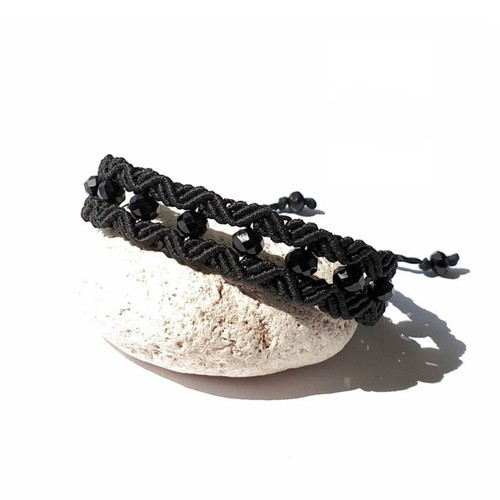 Black Addiction bracelet handmade macrame black with crystal beads new