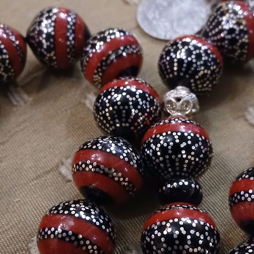 Worry beads black coral and silver with red coral, like new