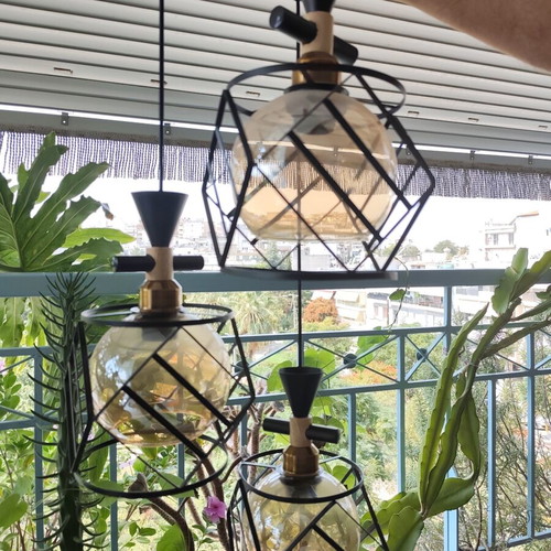 Metal three-light pendant ceiling lamp with geometric cage shades