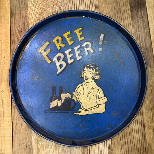 Vintage metal tray "Free Beer" used, retro pub decor