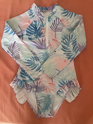 Children's Long-Sleeve One-Piece Swimsuit with Tropical Palm Leaf Design, Like New, Age 8