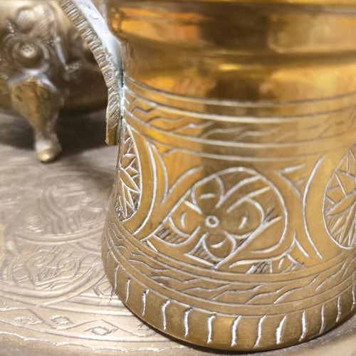 Brass decorative set used, oriental style (tray, jugs & cezve)