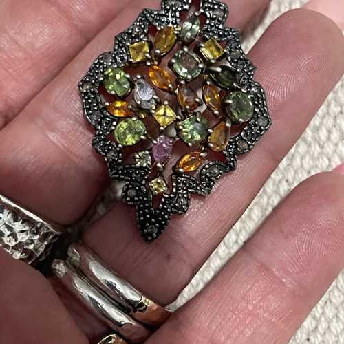 Pendant 925 silver gold 9K with diamonds and semi-precious stones used