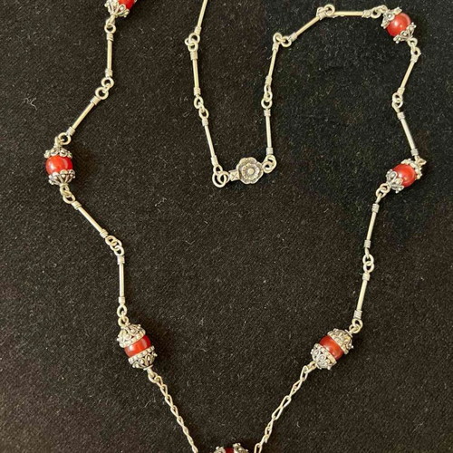 Silver necklace old with carnelian and intricate detail