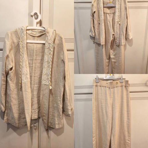 Leonard's linen suit with hood and lace, beige