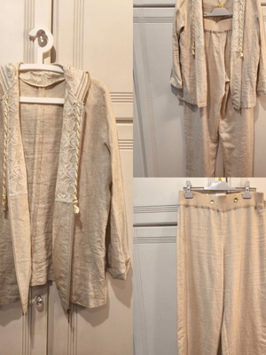 Leonard's linen suit with hood and lace, beige