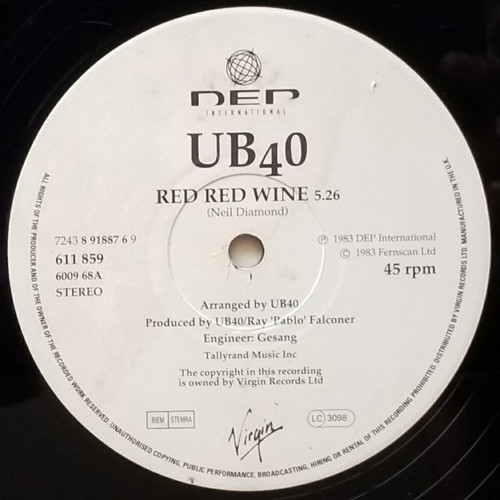 UB 40 Red Red Wine vinyl record, reggae