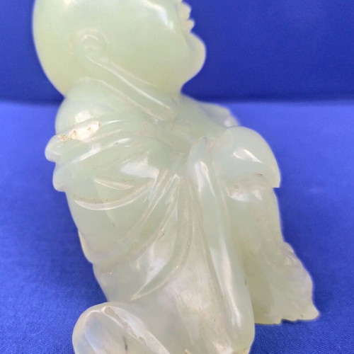Vintage Budai figurine, handmade natural hard stone, celadon style