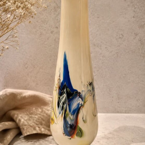 Hand-Blown Glass Design Vase Cream with Colourful Accents 28 cm