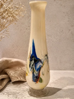 Hand-Blown Glass Design Vase Cream with Colourful Accents 28 cm