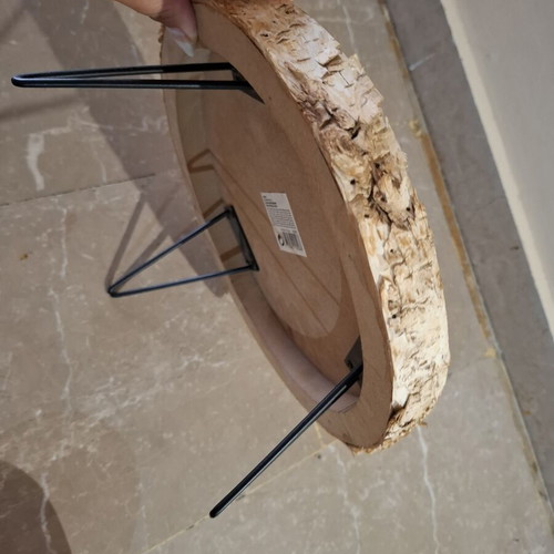 Handmade low stand serving platter with natural wood slice and metal hairpin legs