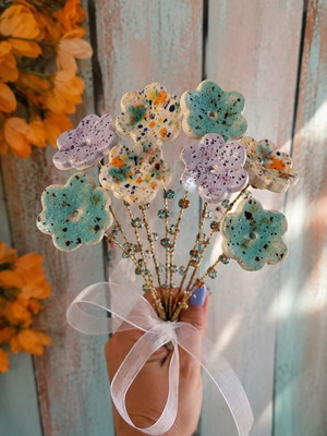 Ceramic flower bouquet handmade, set of 5 with wire and glass beads