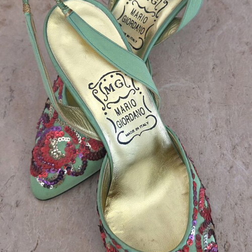 Mario Giordano Italian Vintage Slingback Heels with Sequin Embroidery