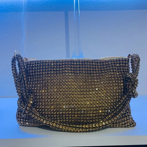 Evening shoulder bag new, gold with rhinestones