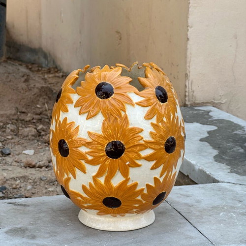 Collectible ceramic vase with sunflowers used, handmade 1978