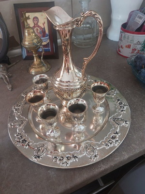 Silver-plated liqueur set with jug, 5 glasses and tray, vintage