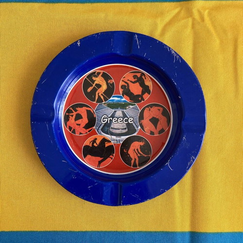 Vintage Greece Souvenir Ashtray in Blue Tin used