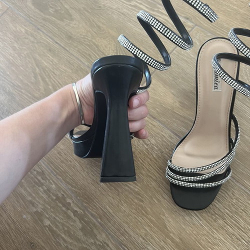Famous Shoes high heel sandals with rhinestones, used, size 40, black