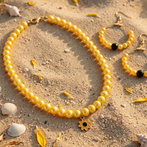 yellow beaded summer necklace and earrings set