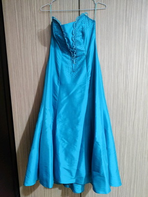 Strapless satin dress turquoise like new with embroidery and rhinestones