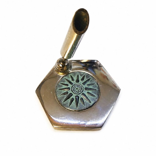 Vintage metal desk pen holder with Vergina Sun motif used