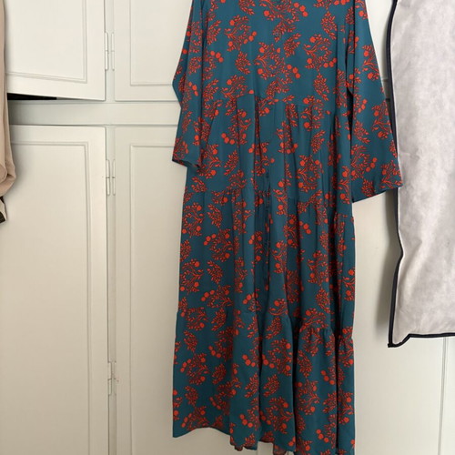 Maxi long-sleeve printed semi-fitted dress with ruffles